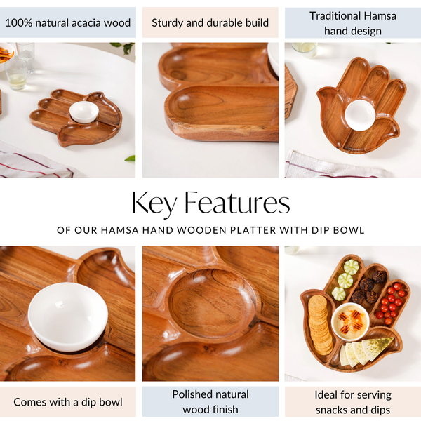 Hamsa Hand Wooden Platter With Dip Bowl