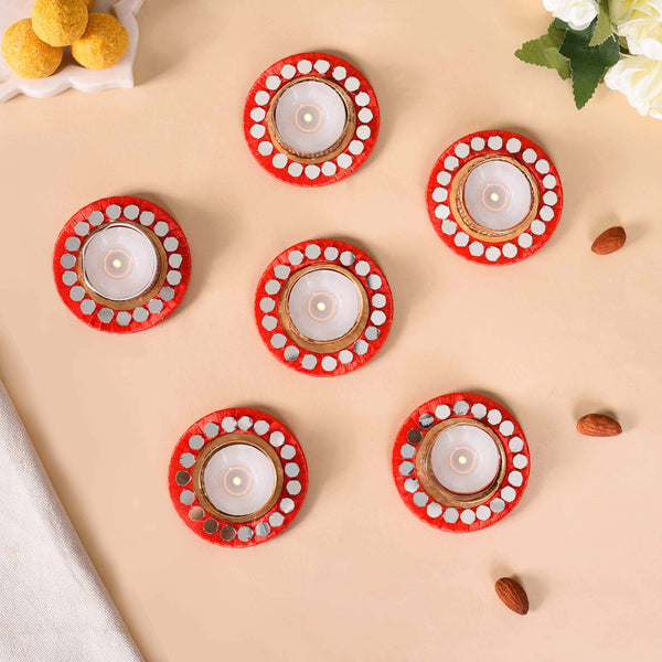 Set Of 6 Mirror Art Red Tea Light Holders