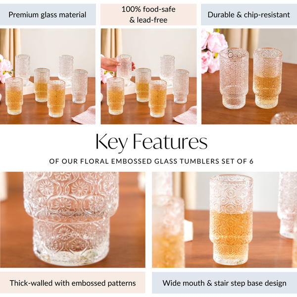 Floral Embossed Tall Glass Tumblers Set Of 6 330ml