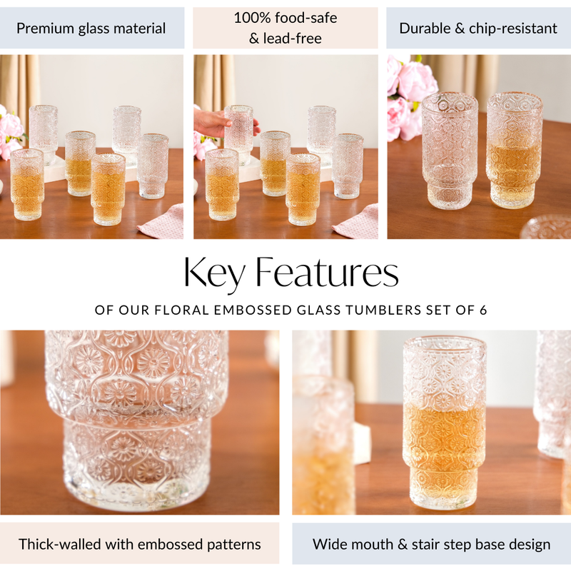 Floral Embossed Glass Tumblers Set Of 6 330ml