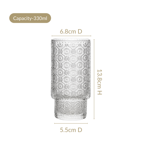 Floral Embossed Tall Glass Tumblers Set Of 6 330ml