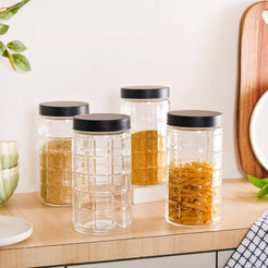 Set Of 4 Square Textured Glass Jars With Lid 1900ml