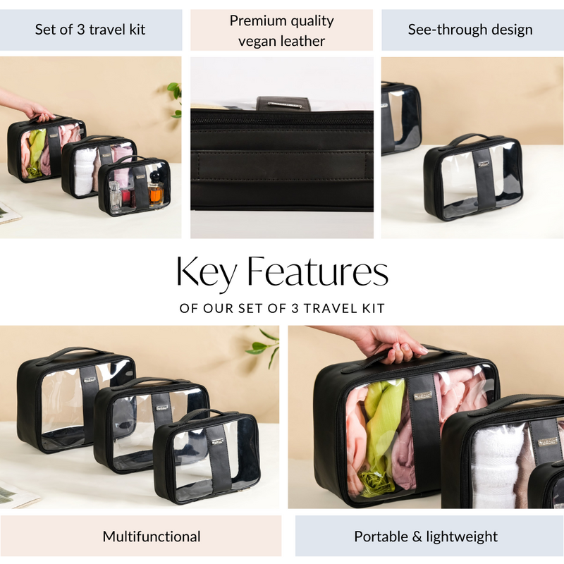 Black Vegan Leather Travel Kit Set Of 3