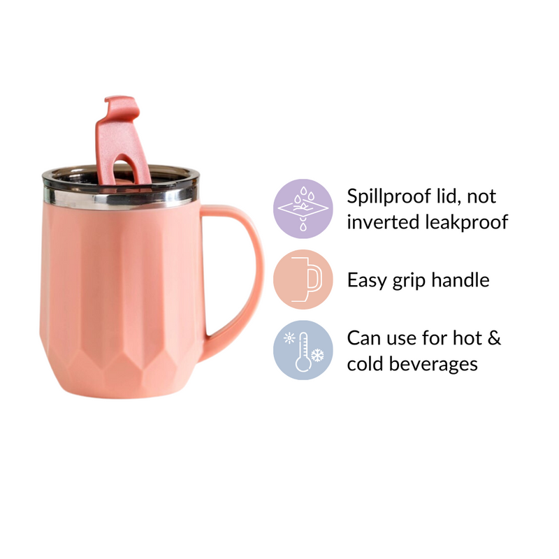 Portable Desk Coffee Mug Pink 400ml - Travel mug, travel coffee mug, coffee mug with lid, tea mug, insulated mug, portable coffee mug