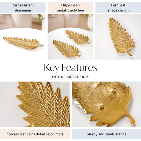 Golden Fern Leaf Metal Tray With Handle Set Of 2
