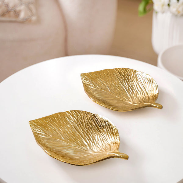 Set of 2 Aluminium Leaf Trinket Tray Gold
