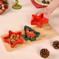 Stars And Tree Snack Bowl Set Of 3 With Wooden Serving Tray