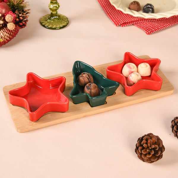 Stars And Tree Snack Bowl Set Of 3 With Wooden Serving Tray