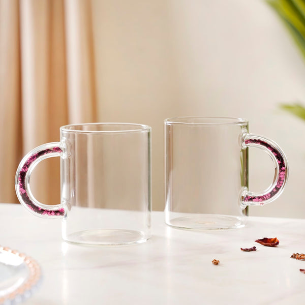 Set Of 2 Pink Sparkle Handle Glass Coffee Mugs 425ml