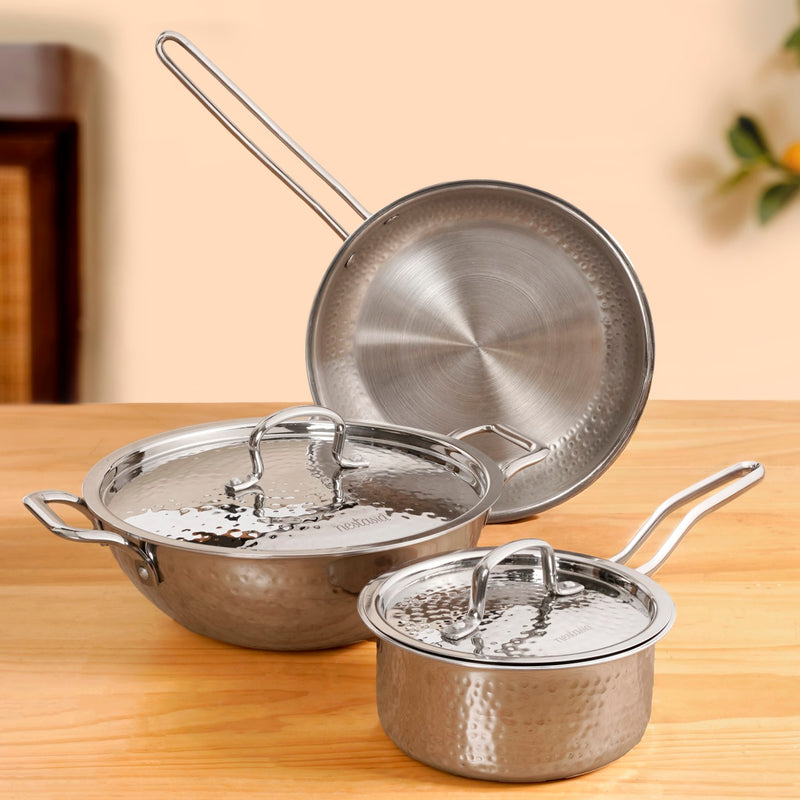 Triply Hammered Cookware Set With Frying Pan Kadai And Saucepan With Lid Set Of 3