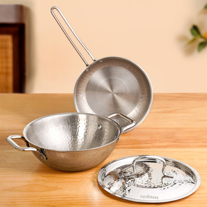 Triply Hammered Stainless Steel Cookware Set With Frying Pan And Kadai With Lid Set Of 2
