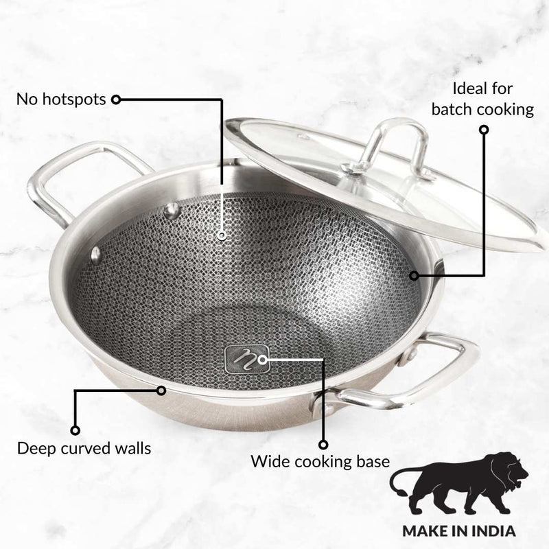 Honeycomb Non Stick Induction Friendly Triply Kadai With Lid 3500ml