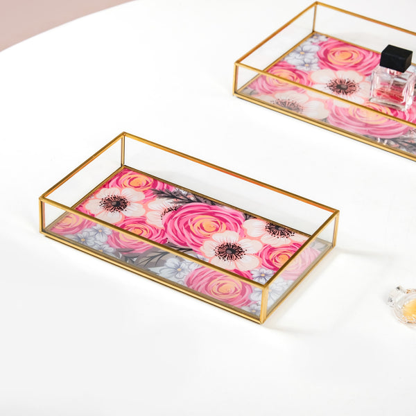 Printed Glass Decorative Trays With Gold Edge Set Of 2