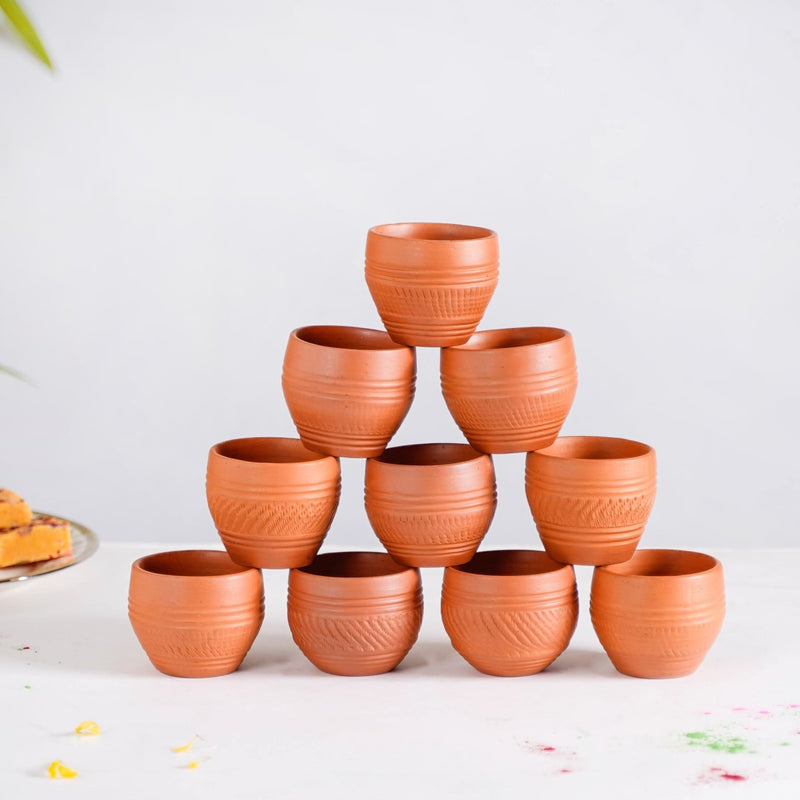 Set Of 10 Sustainable Terracotta Tea Cups 80ml - Kulhad, tea cup set, terracotta tea cups, earthen tea cups
