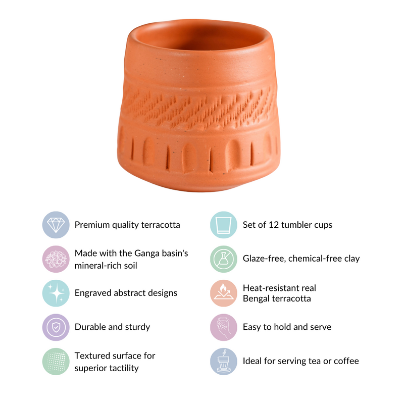 Engraved Terracotta Tumblers Set Of 12 100ml - Kulhad, tea cup set, terracotta tea cups, earthen tea cups, tumbler set of 6