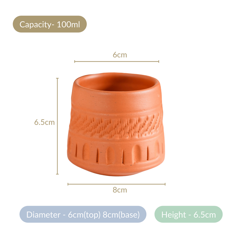Engraved Terracotta Tumblers Set Of 12 100ml - Kulhad, tea cup set, terracotta tea cups, earthen tea cups, tumbler set of 6