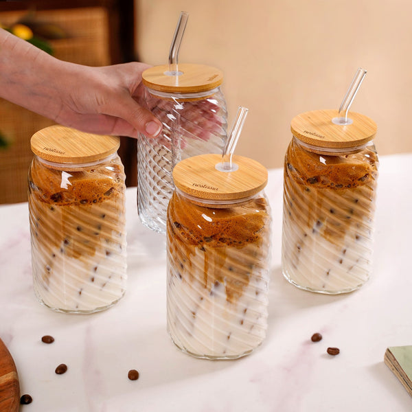 Set Of 4 Glass Tumblers With Wooden Lids And Glass Straws 500ml