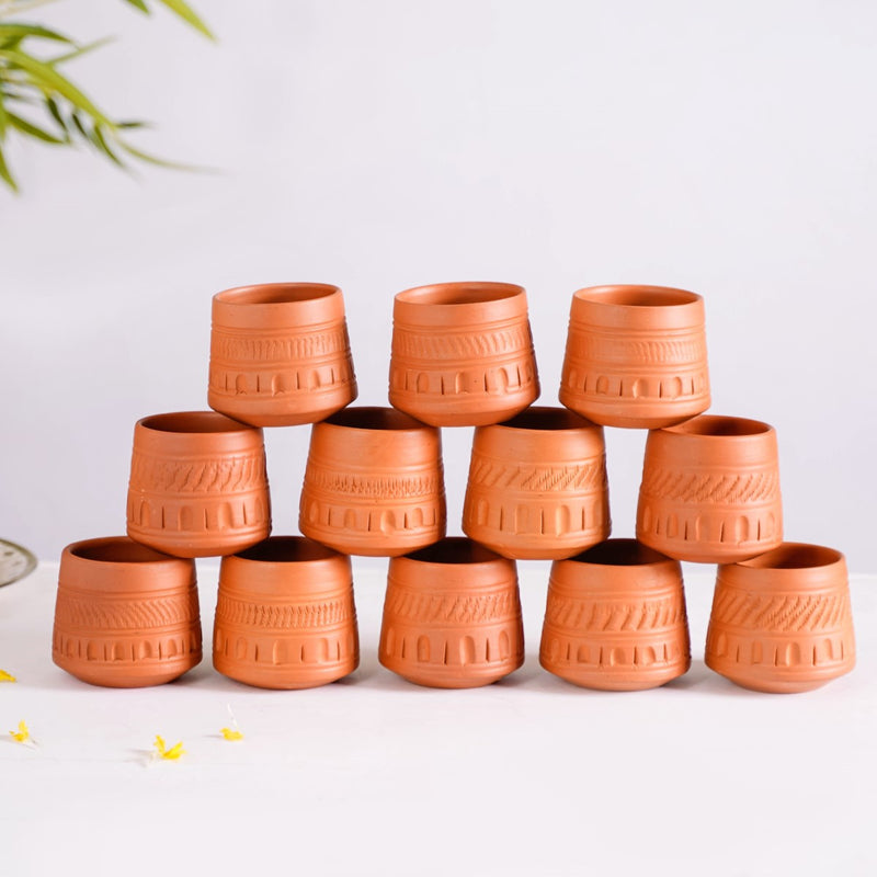 Engraved Terracotta Tumblers Set Of 12 100ml - Kulhad, tea cup set, terracotta tea cups, earthen tea cups, tumbler set of 6