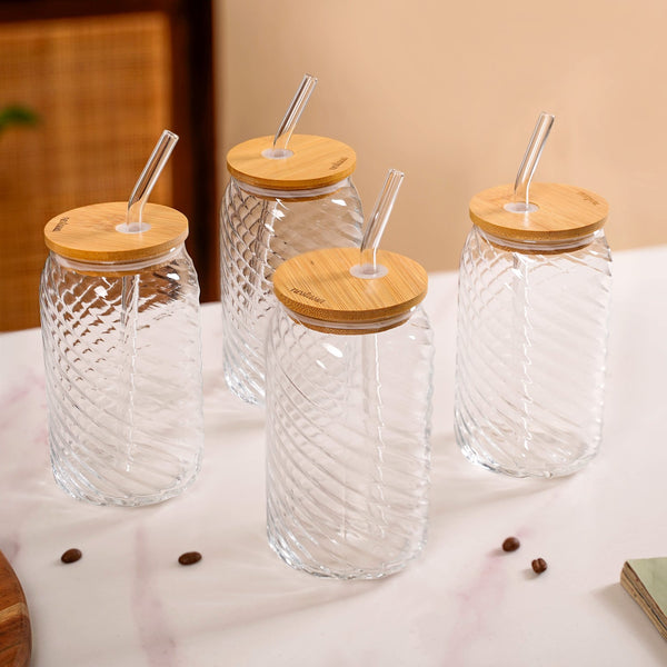 Set Of 4 Glass Tumblers With Wooden Lids And Glass Straws 500ml