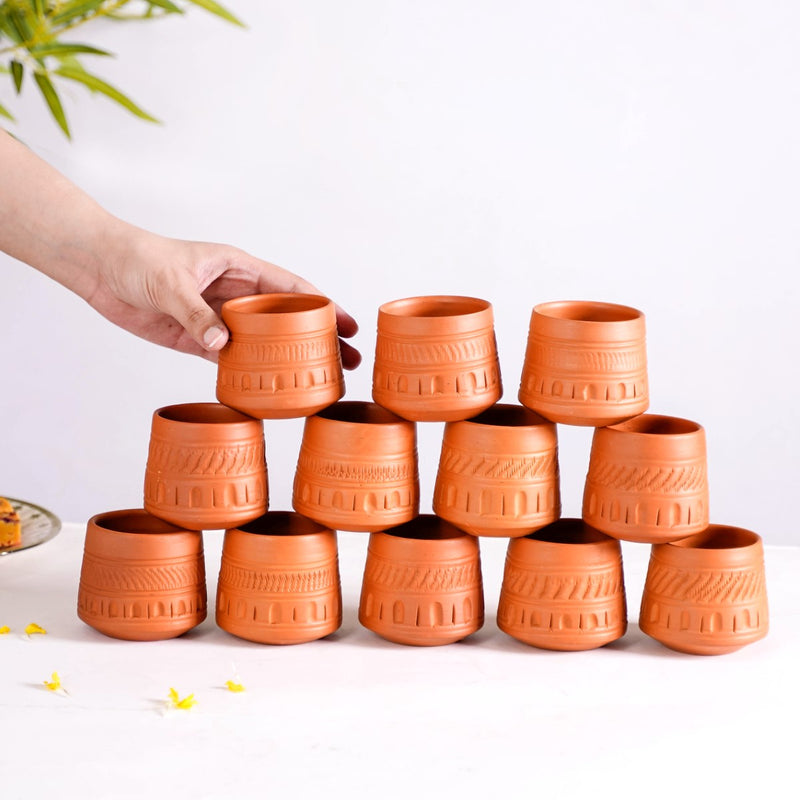 Engraved Terracotta Tumblers Set Of 12 100ml - Kulhad, tea cup set, terracotta tea cups, earthen tea cups, tumbler set of 6