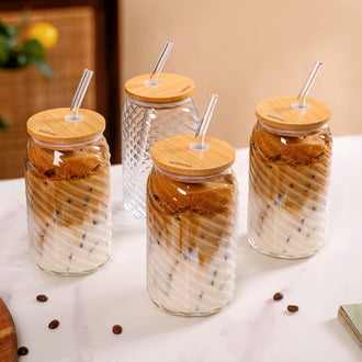 Set Of 4 Glass Tumblers With Wooden Lids And Glass Straws 500ml