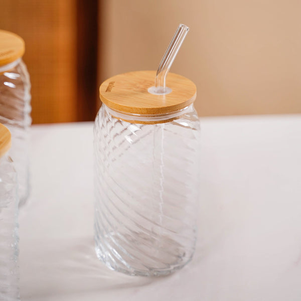 Set Of 4 Glass Tumblers With Wooden Lids And Glass Straws 500ml