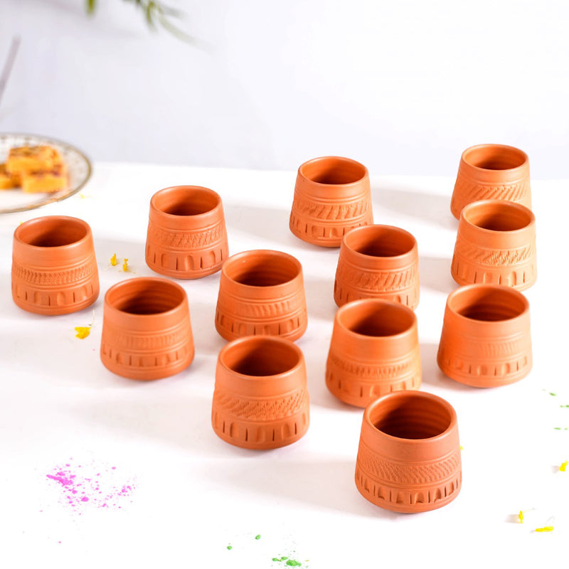 Engraved Terracotta Tumblers Set Of 12 100ml - Kulhad, tea cup set, terracotta tea cups, earthen tea cups, tumbler set of 6