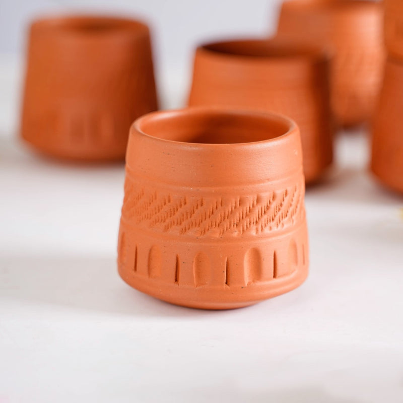 Engraved Terracotta Tumblers Set Of 12 100ml - Kulhad, tea cup set, terracotta tea cups, earthen tea cups, tumbler set of 6