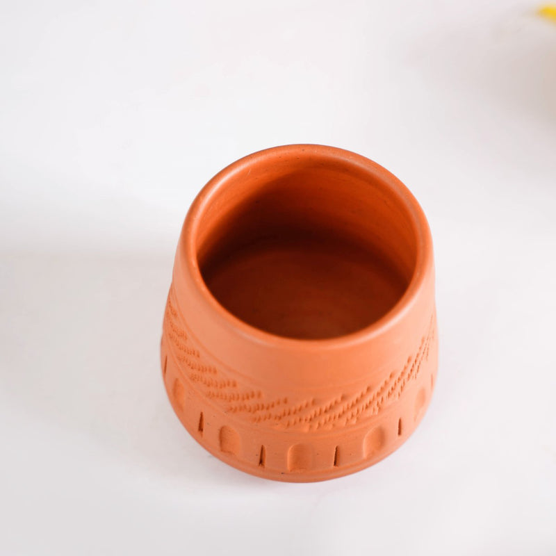 Engraved Terracotta Tumblers Set Of 12 100ml - Kulhad, tea cup set, terracotta tea cups, earthen tea cups, tumbler set of 6