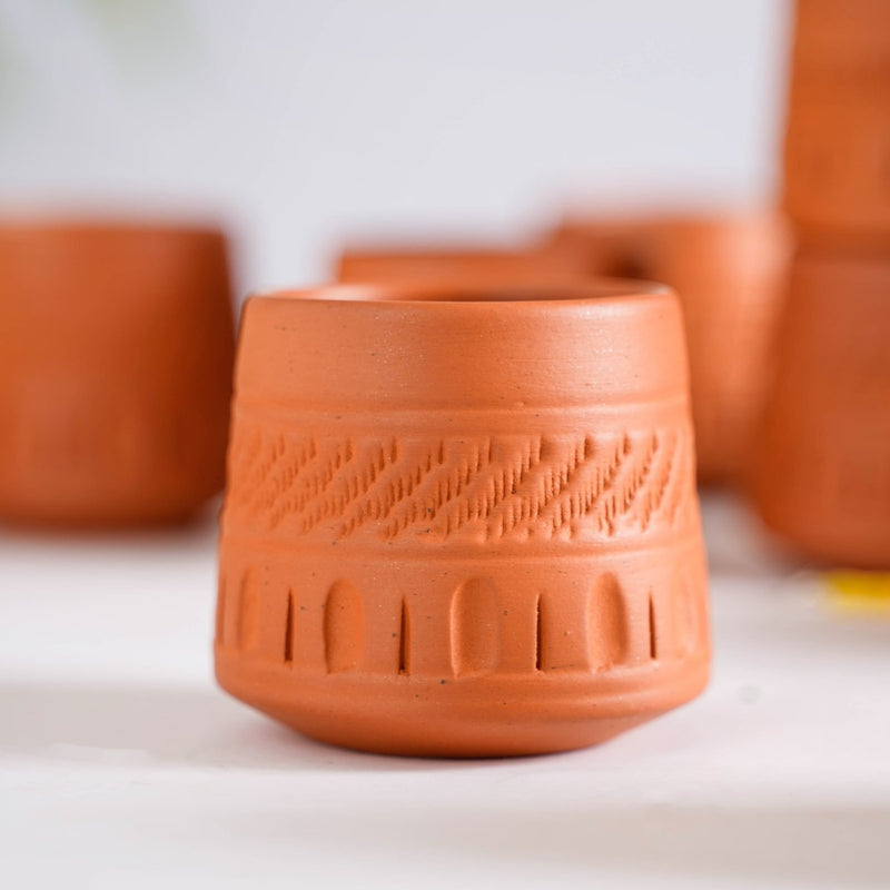 Engraved Terracotta Tumblers Set Of 12 100ml - Kulhad, tea cup set, terracotta tea cups, earthen tea cups, tumbler set of 6