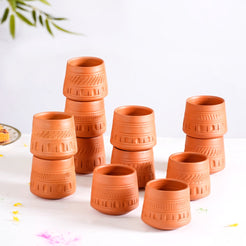 Engraved Terracotta Tumblers Set Of 12 100ml - Kulhad, tea cup set, terracotta tea cups, earthen tea cups, tumbler set of 6