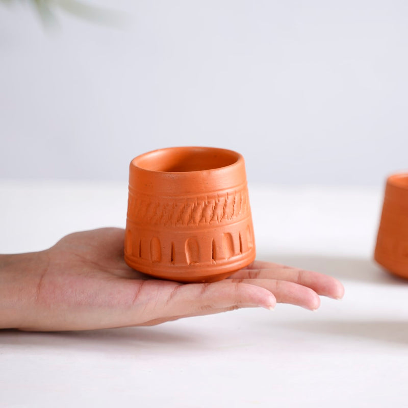 Engraved Terracotta Tumblers Set Of 12 100ml - Kulhad, tea cup set, terracotta tea cups, earthen tea cups, tumbler set of 6