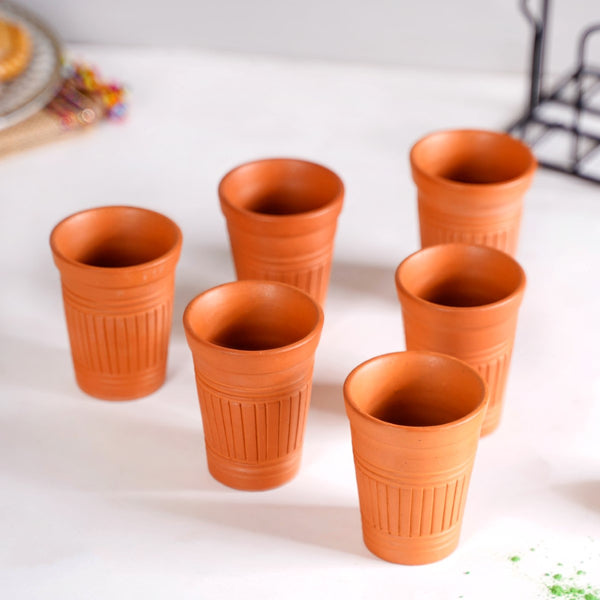 Set Of 6 Terracotta Tumblers For Tea With Black Metal Stand