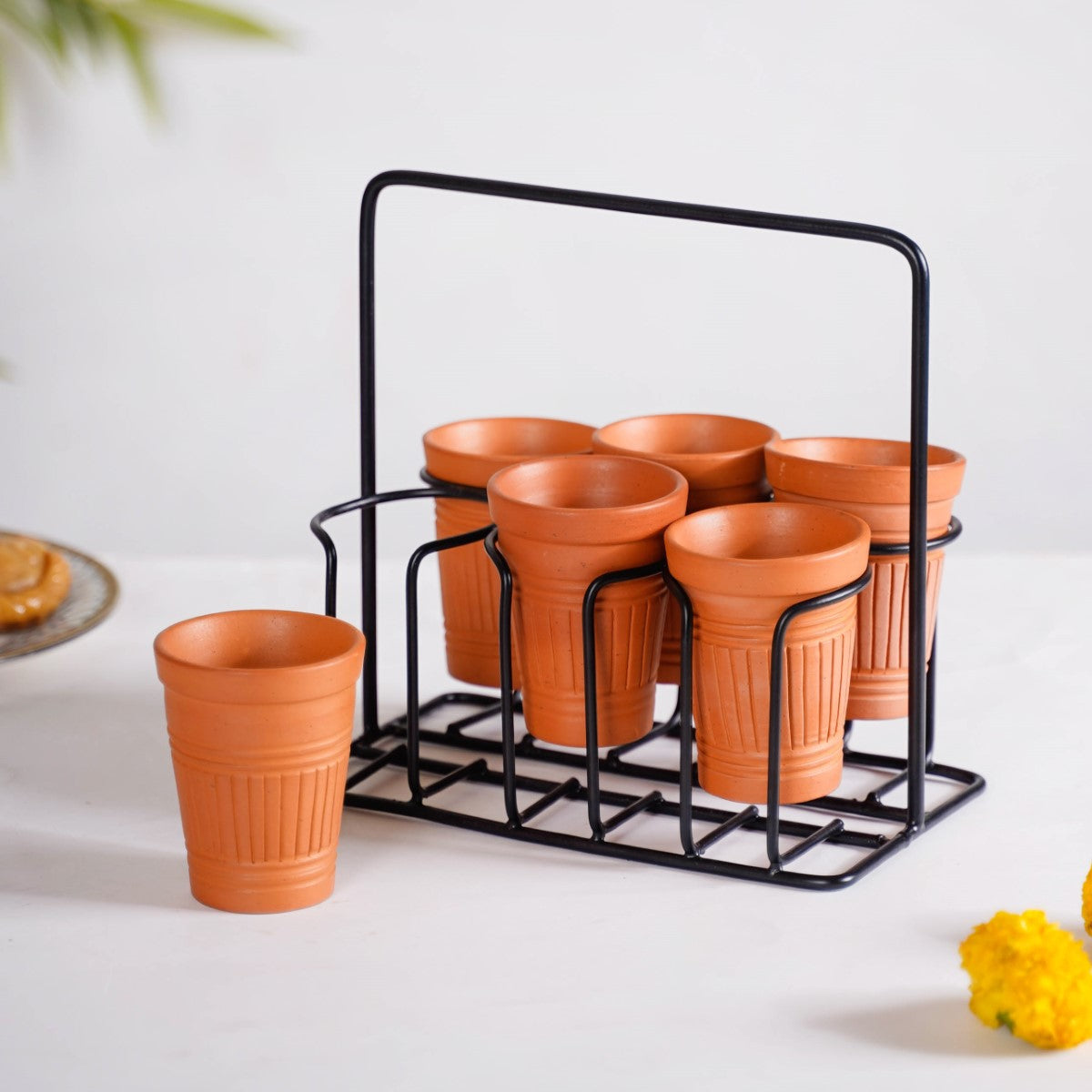 Set Of 6 Terracotta Kulhad Glasses With Cutting Chai Stand