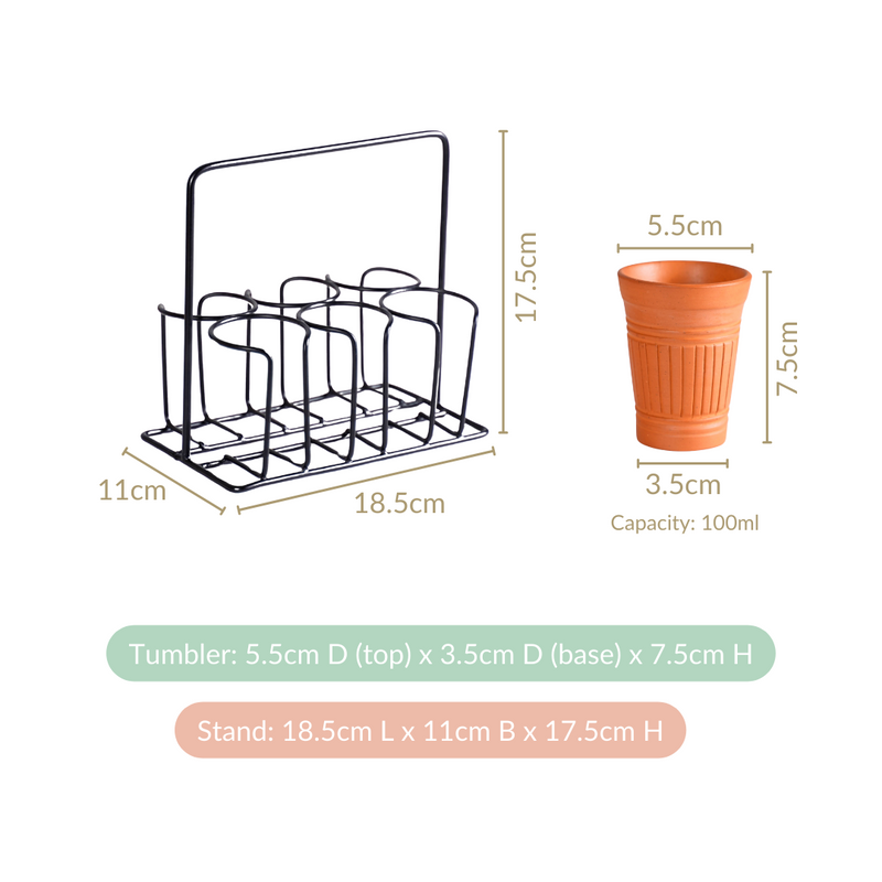 Set Of 6 Terracotta Kulhad Glasses With Cutting Chai Stand- Kulhad, tea cups, tea cup set, cutting chai glasses, tea cup set of 6, tea cups with stand