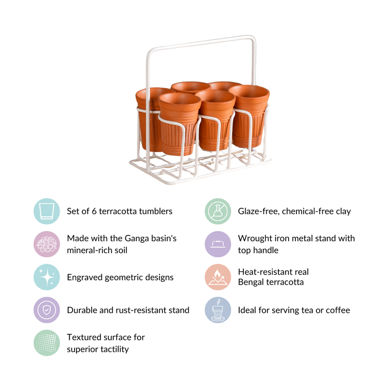 Bombay Cutting Chai Terracotta Kulhad Set Of 6 With White Metal Stand- Kulhad, tea cups, tea cup set, tea cups with stand, earthen tea cups
