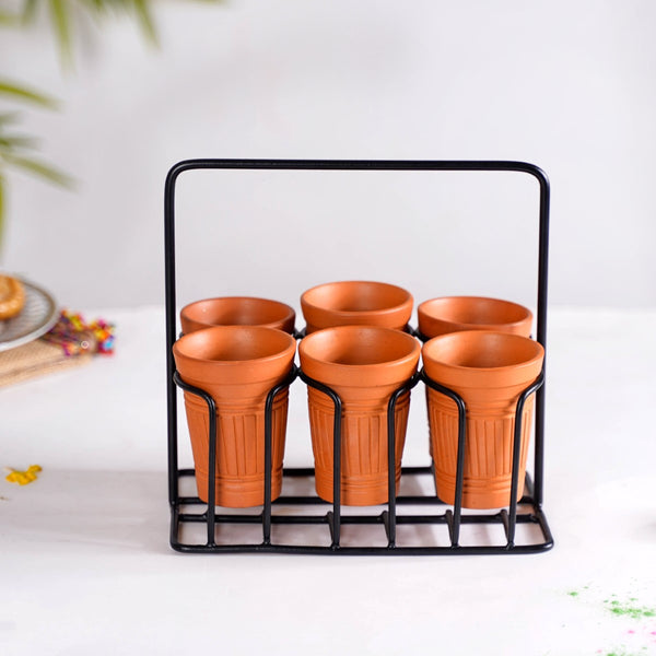 Set Of 6 Terracotta Tumblers For Tea With Black Metal Stand