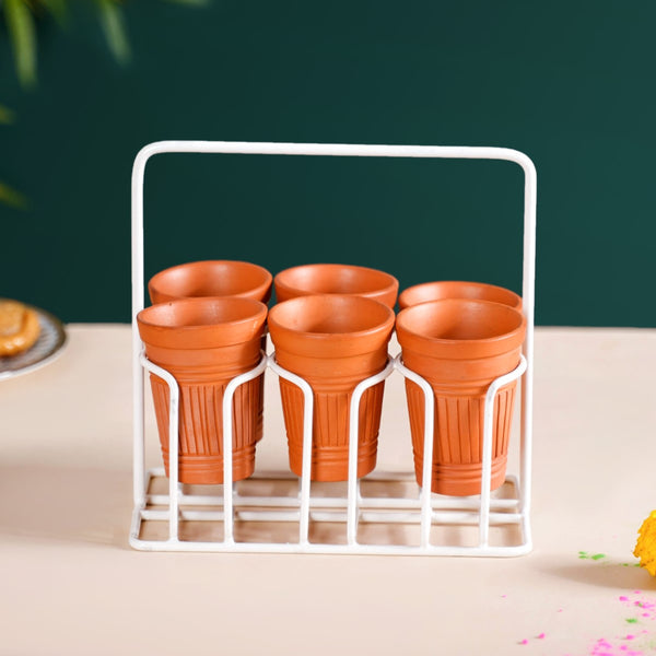 Bombay Cutting Chai Terracotta Kulhad Set Of 6 With White Metal Stand