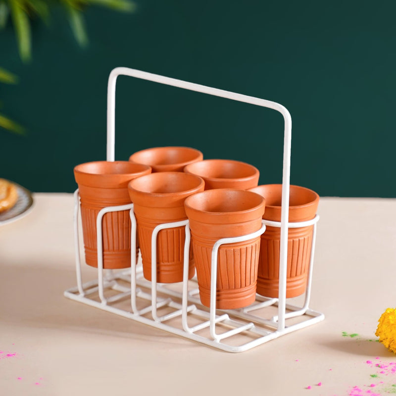 Bombay Cutting Chai Terracotta Kulhad Set Of 6 With White Metal Stand- Kulhad, tea cups, tea cup set, tea cups with stand, earthen tea cups
