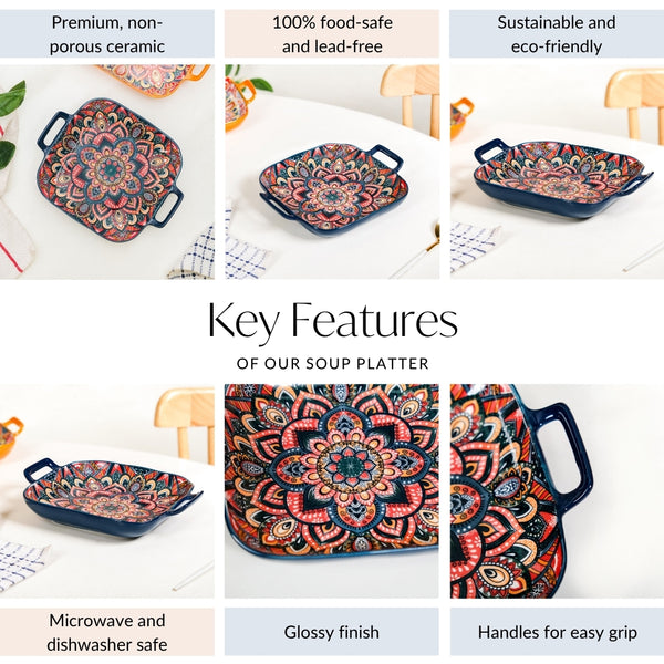 Mandala Melange Ceramic Serving Platter Dish Square Blue