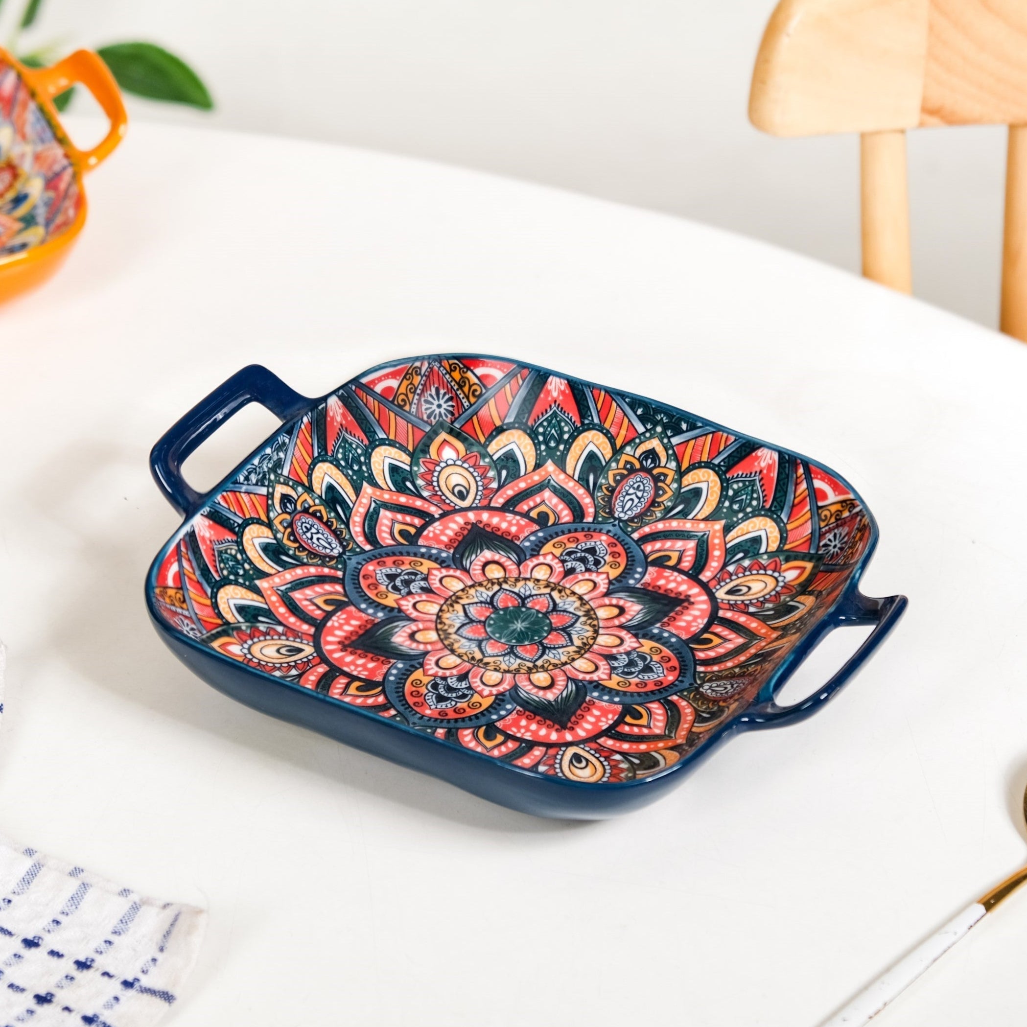 Mandala Melange Ceramic Serving Platter Dish Square Blue