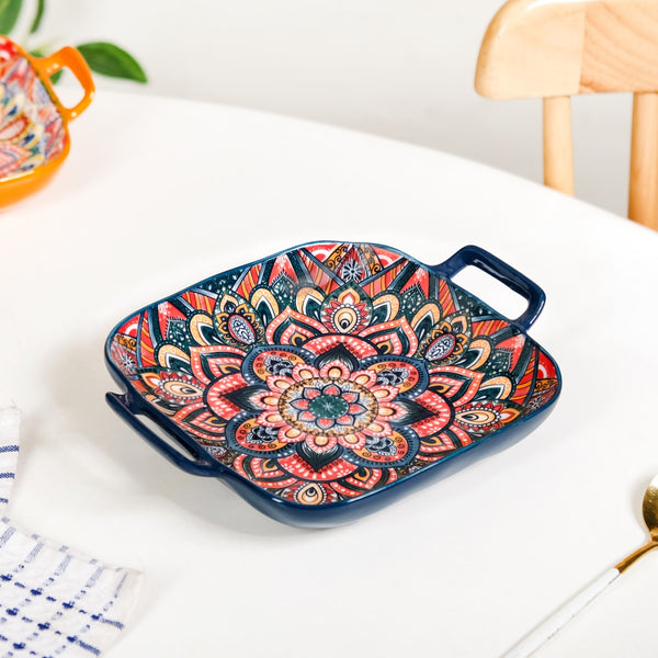 Mandala Melange Ceramic Serving Platter Dish Square Blue