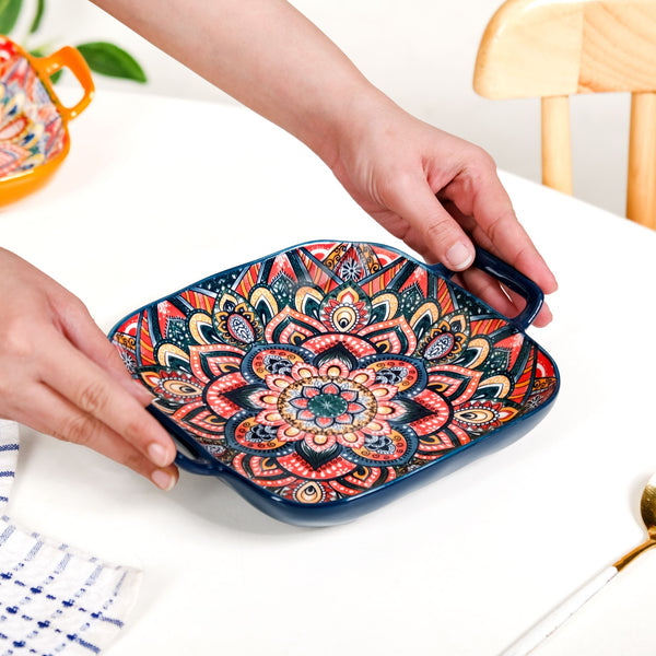 Mandala Melange Ceramic Serving Platter Dish Square Blue