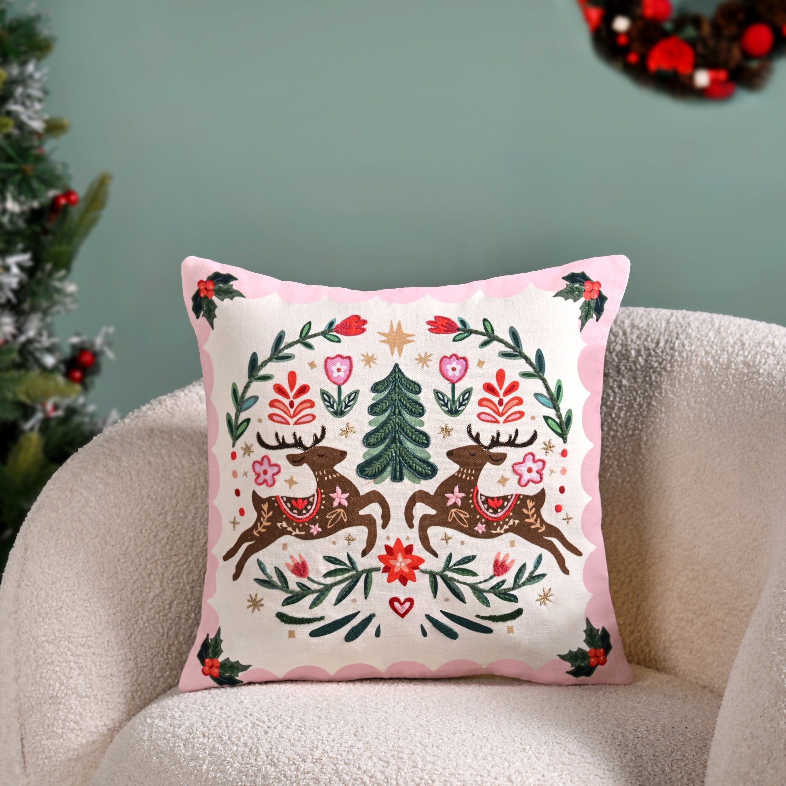 Twin Reindeers Embroidered Cotton Cushion Cover 40x40cm