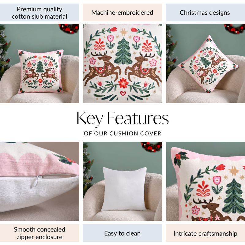 Twin Reindeers Embroidered Cotton Cushion Cover 40x40cm