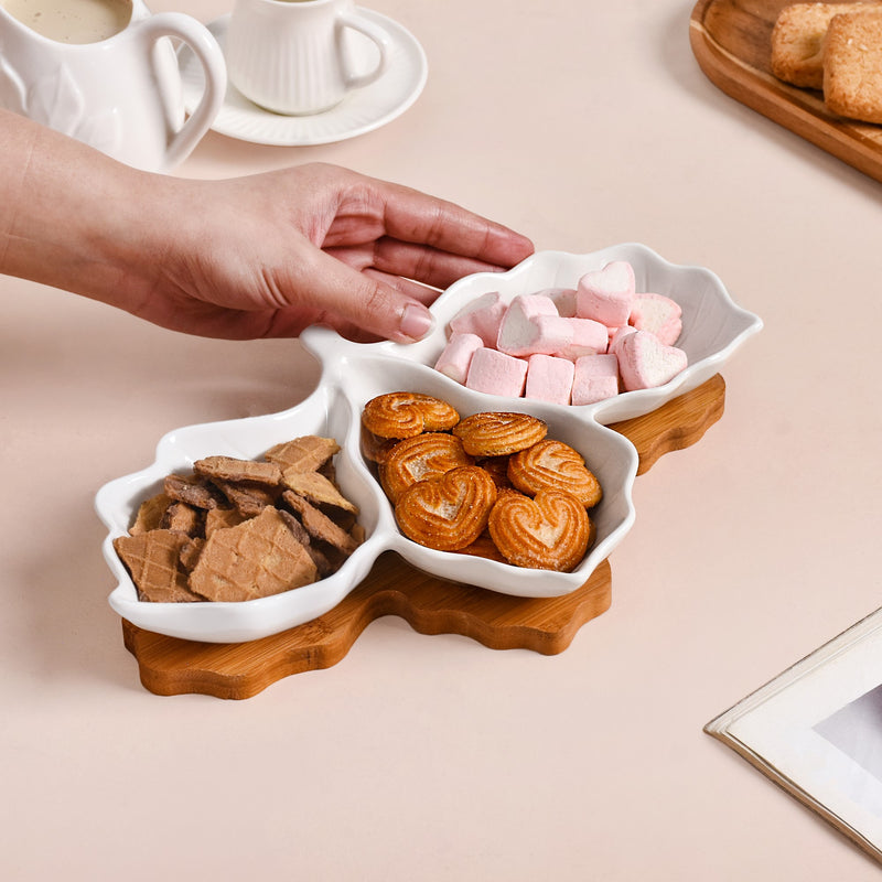 3 Section Leafy Ceramic Plate With Wooden Tray - Section plate, white ceramic plate, compartment plates ceramic