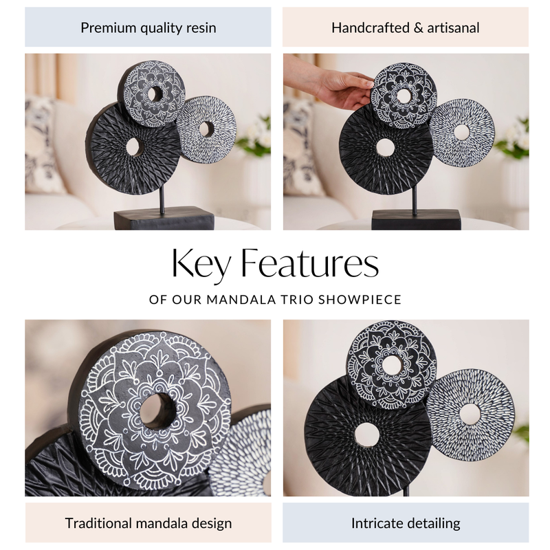 Black Mandala Trio Showpiece- decor objects, home decor, home decor items, decor showpiece, black home decor