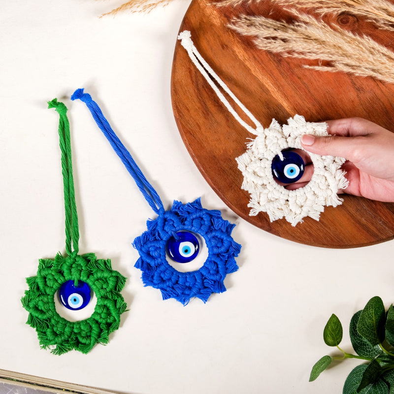 Bohemian Macrame Evil Eye Wall Hanging Set Of 3- Evil eye wall art, wall art for home, wall hanging, evil eye home decor