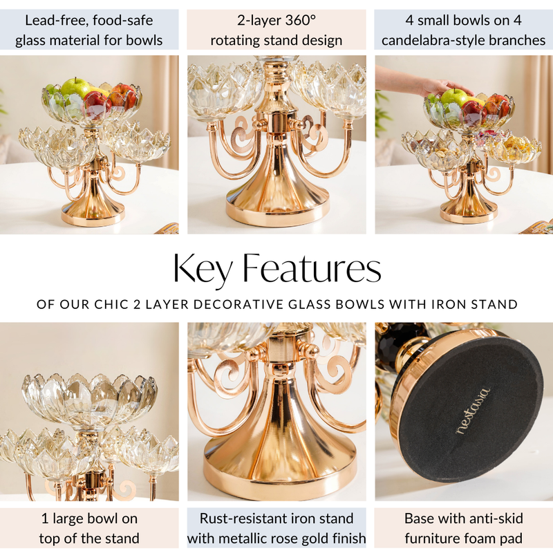 Chic 2 Layer Decorative Glass Bowls With Iron Stand