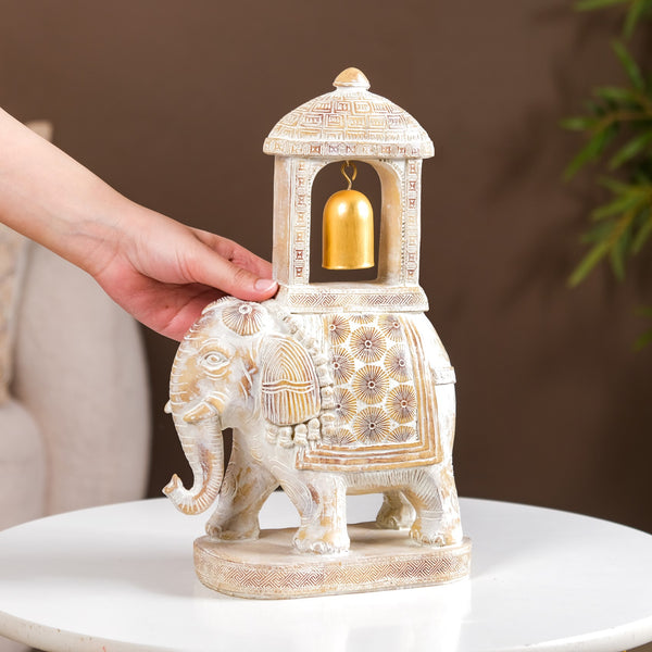 Decorated Elephant With Gold Bell Showpiece White